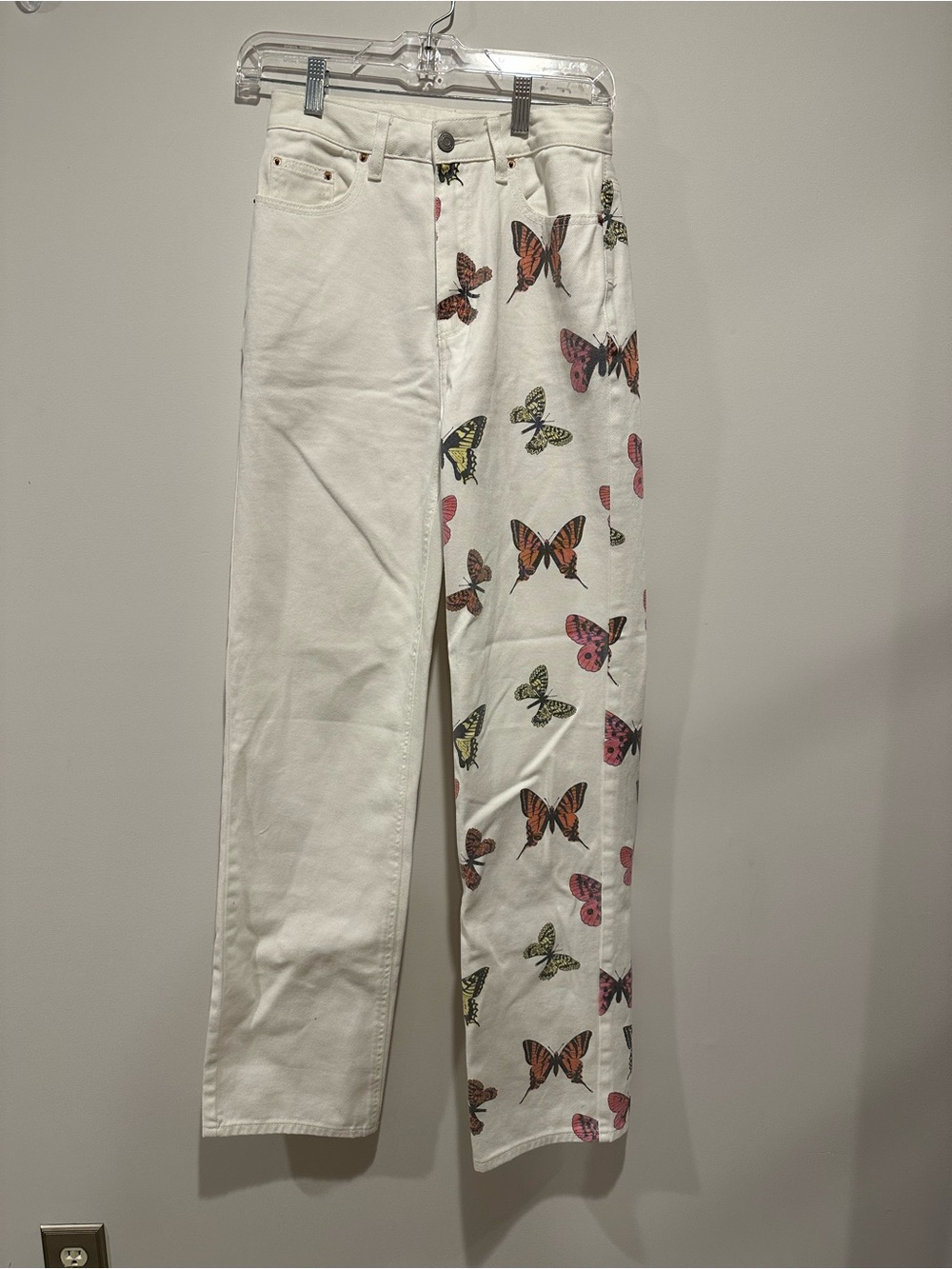 PacSun White Straight-Leg Jeans with Multicolor Butterfly Print